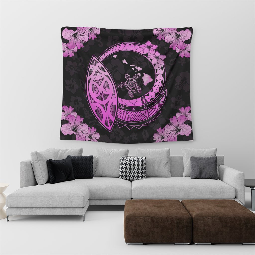 Hawaii Turtle Hibiscus Map Polynesian Tapestry Pink - AH - Polynesian Pride