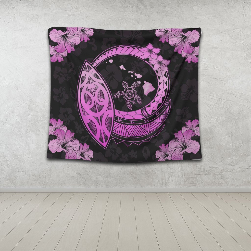 Hawaii Turtle Hibiscus Map Polynesian Tapestry Pink - AH - Polynesian Pride