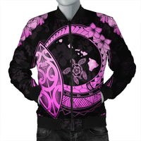 Hawaii Turtle Hibiscus Map Polynesian Bomber Jacket Pink - AH Black Unisex - Polynesian Pride
