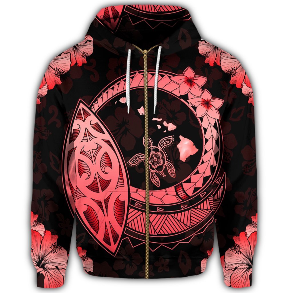 Hawaii Turtle Hibiscus Map Polynesian Zip Hoodie Red - Polynesian Pride