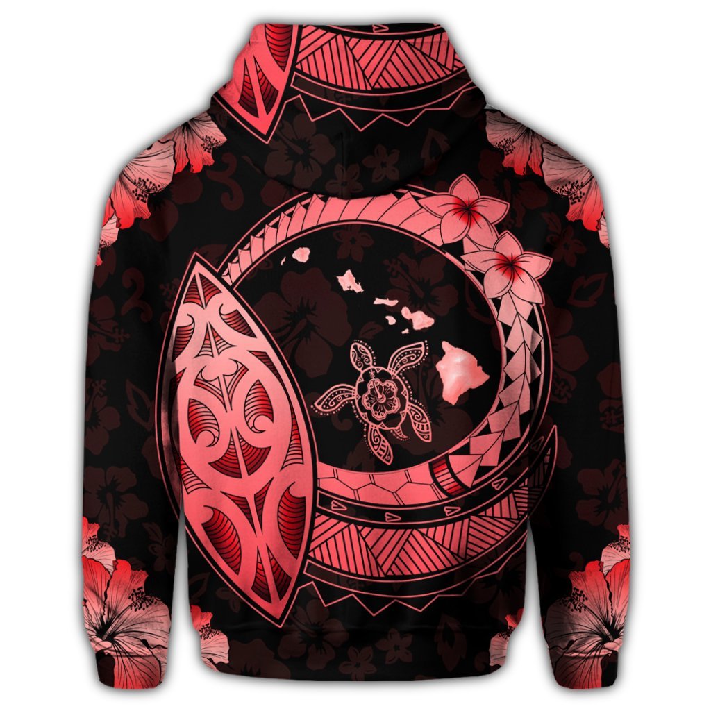 Hawaii Turtle Hibiscus Map Polynesian Zip Hoodie Red - Polynesian Pride