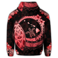 Hawaii Turtle Hibiscus Map Polynesian Zip Hoodie Red - Polynesian Pride