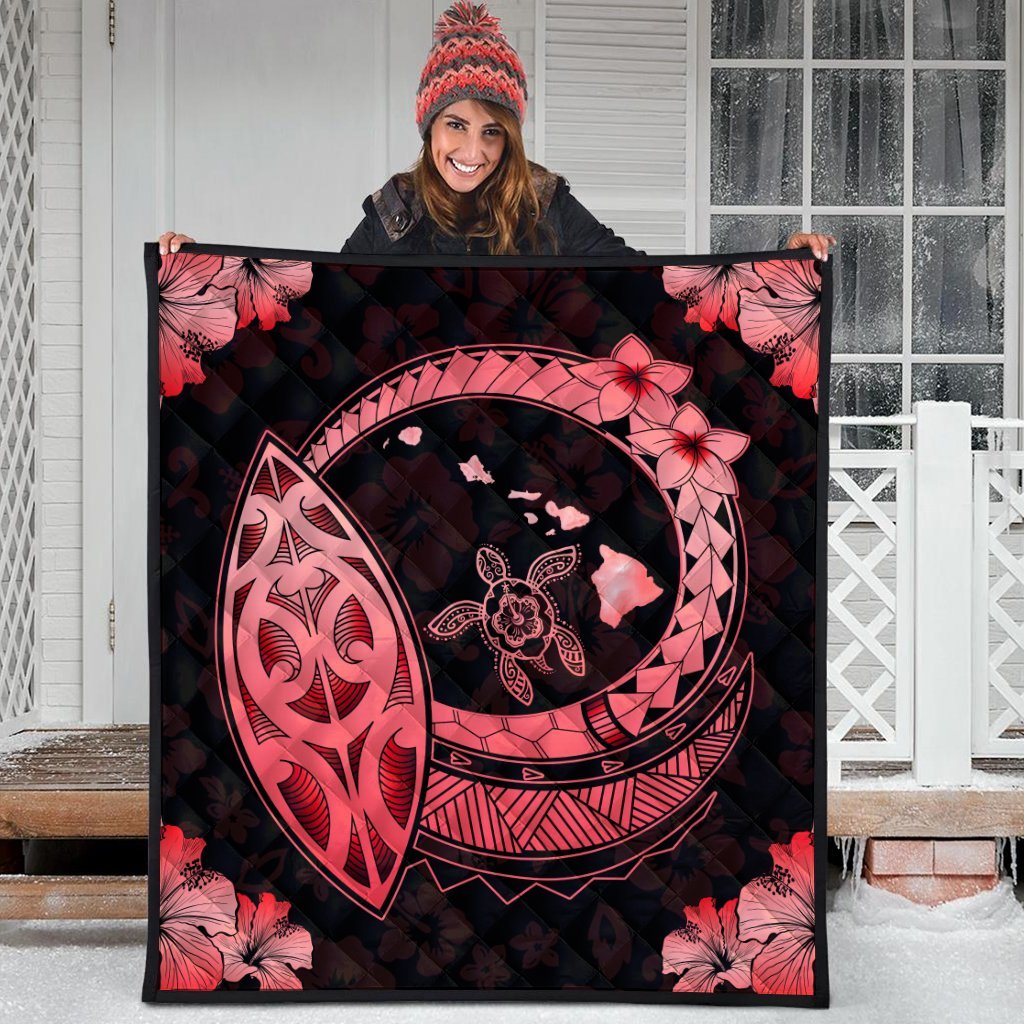 Hawaii Turtle Hibiscus Map Polynesian Premium Quilts Red - AH - Polynesian Pride