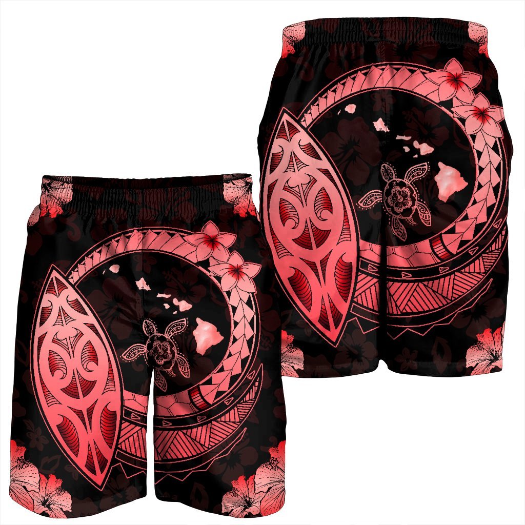 Hawaii Turtle Hibiscus Map Polynesian Men's Shorts Red - AH - Polynesian Pride