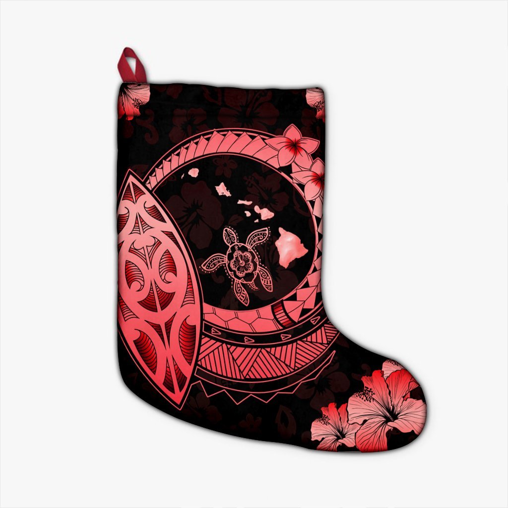 Hawaii Turtle Hibiscus Map Polynesian Christmas Stocking Red - AH Christmas Stocking 26 X 42 cm Black - Polynesian Pride