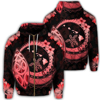 Hawaii Turtle Hibiscus Map Polynesian Zip Hoodie Red Unisex Art - Polynesian Pride