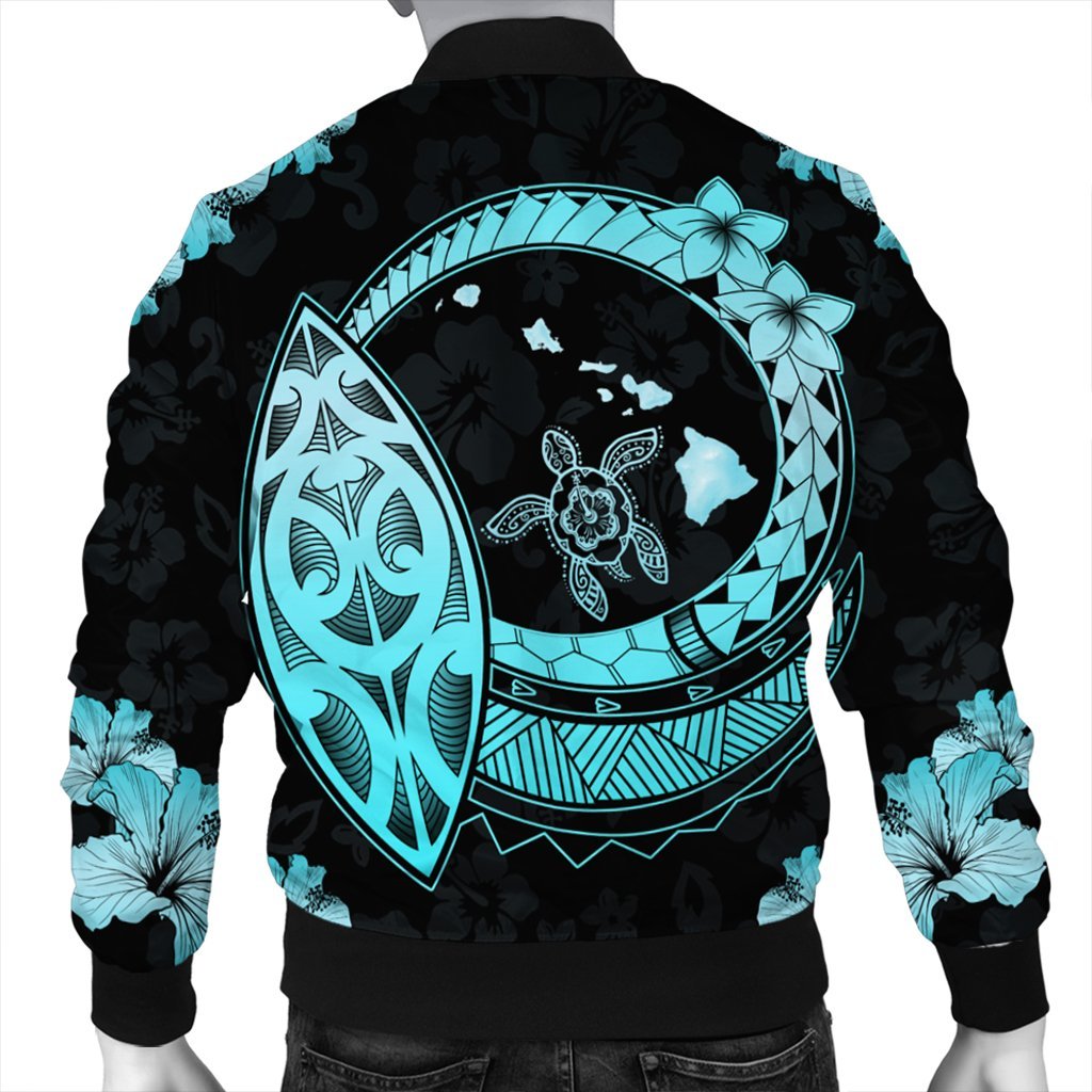 Hawaii Turtle Hibiscus Map Polynesian Bomber Jacket Turquoise - AH - Polynesian Pride