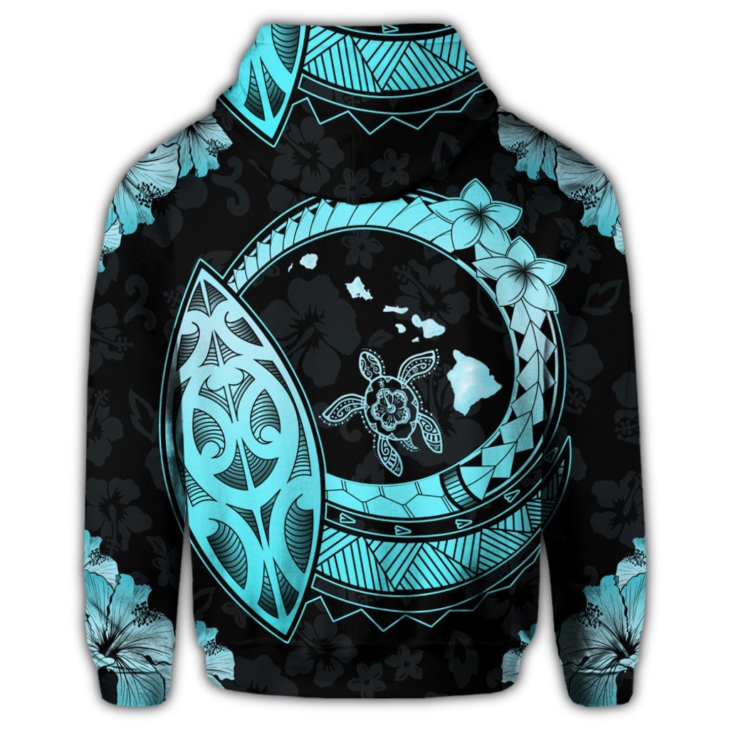 Hawaii Turtle Hibiscus Map Polynesian Zip Hoodie Turquoise - Polynesian Pride