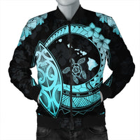 Hawaii Turtle Hibiscus Map Polynesian Bomber Jacket Turquoise - AH Black Unisex - Polynesian Pride