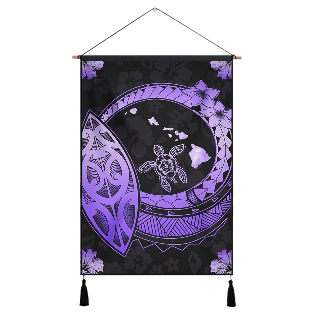 Hawaii Turtle Hibiscus Map Polynesian Hanging Poster Violet - AH Hanging Poster Cotton And Linen - Polynesian Pride