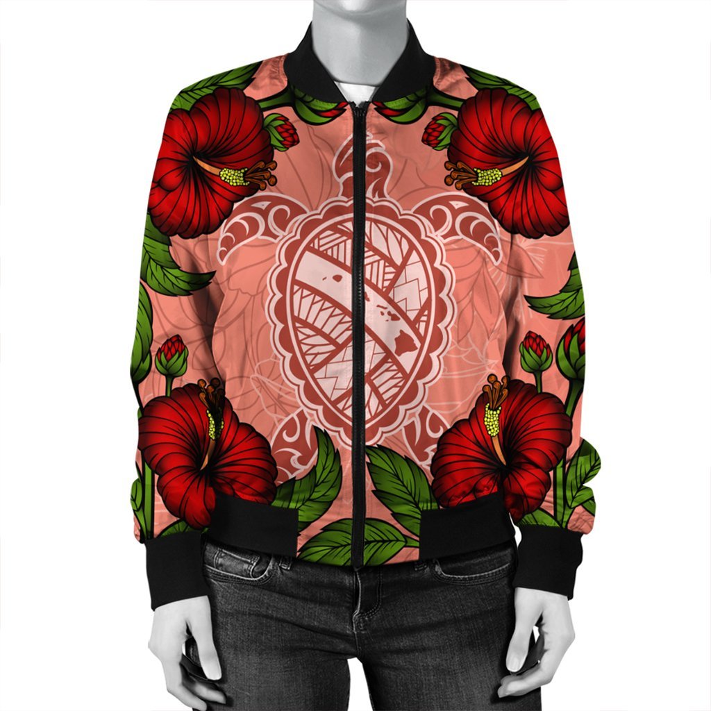 Hawaii Turtle Hibiscus Pink Bomber Jacket - Fide Style - AH - Polynesian Pride