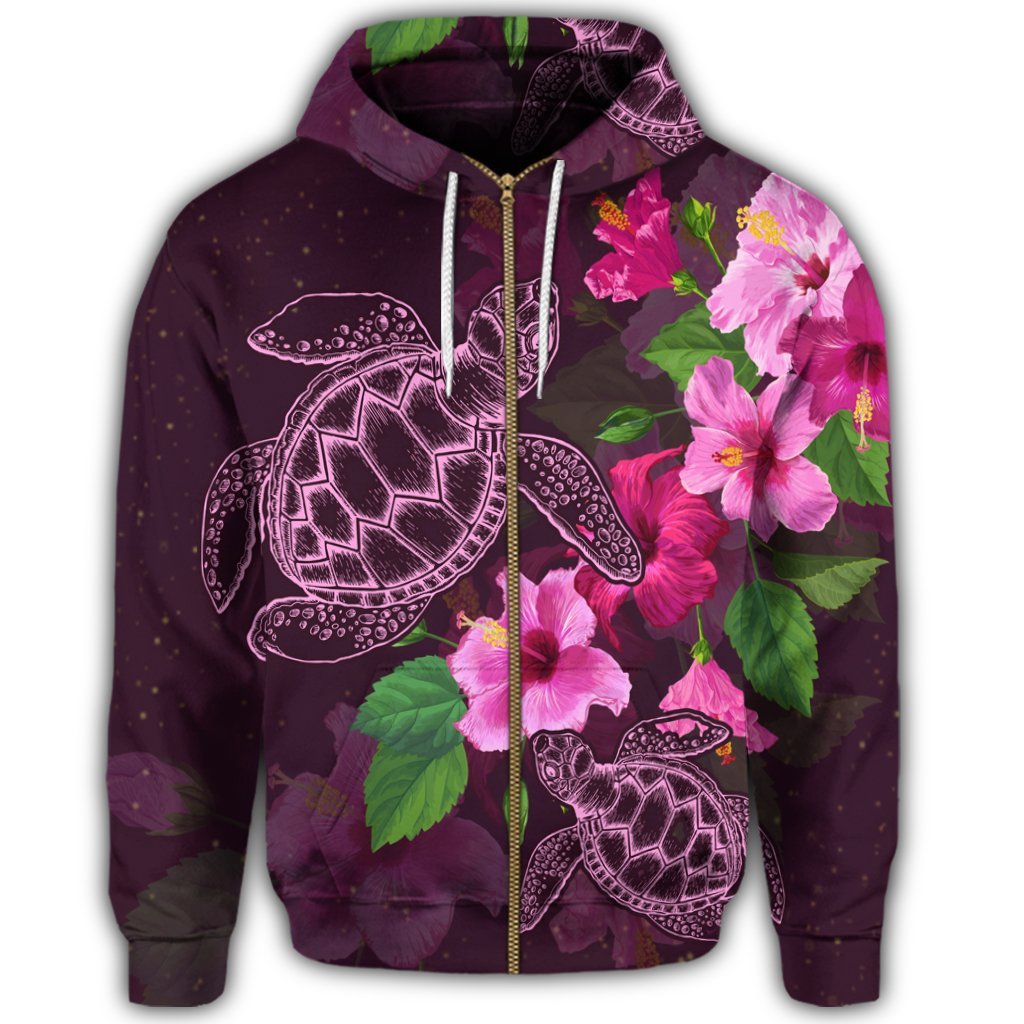 Hawaii Turtle Hibiscus Pink Simple Zip Hoodie - Polynesian Pride