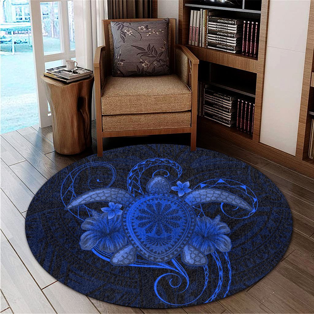 Hawaii Turtle Hibiscus Polynesian Round Carpet - Full Style - Blue - AH - Polynesian Pride