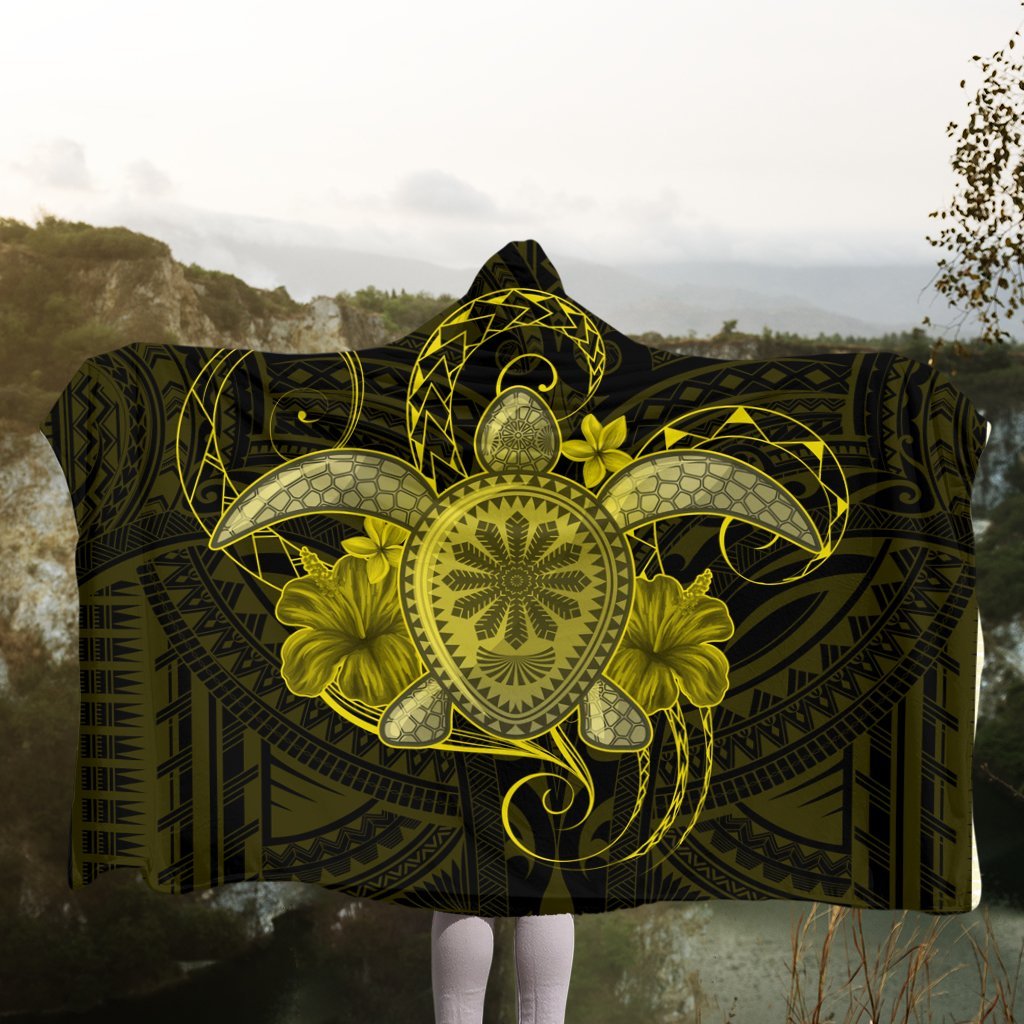 Hawaii Turtle Hibiscus Polynesian Hooded Blanket - Full Style - Yellow - AH - Polynesian Pride
