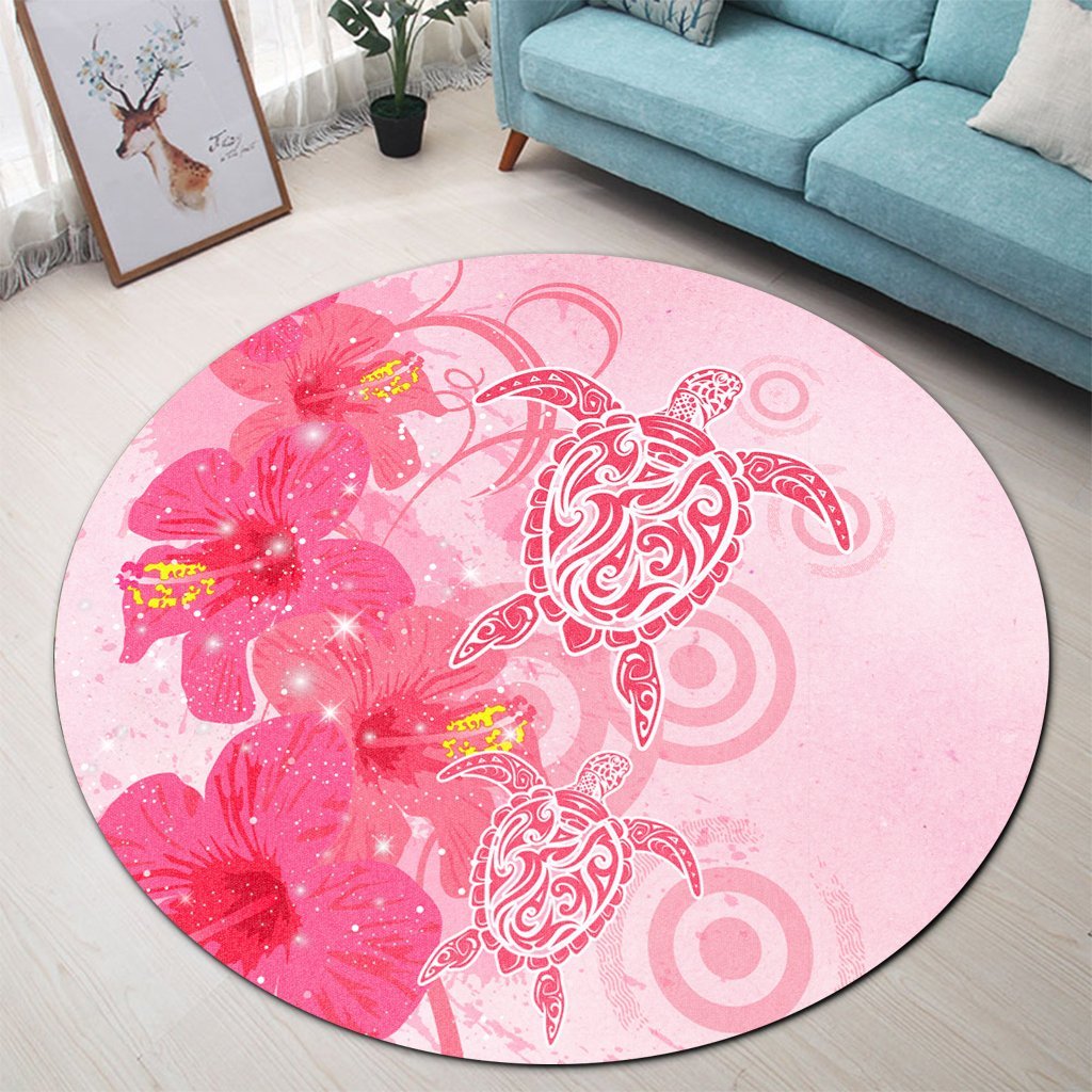 Hawaii Turtle Hibiscus Vintage Pink Round Carpet - AH - Polynesian Pride