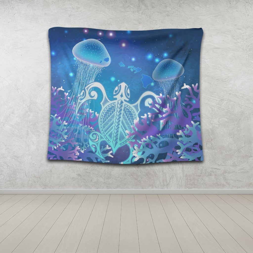 Hawaii Turtle Jellyfish Coral Tapestry Galaxy Tapestry - AH - Polynesian Pride