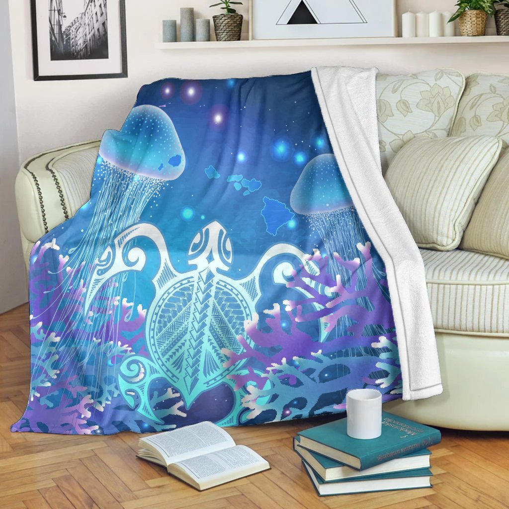Hawaii Turtle Jellyfish Coral Premium Blankets Galaxy Premium Blankets - AH White - Polynesian Pride