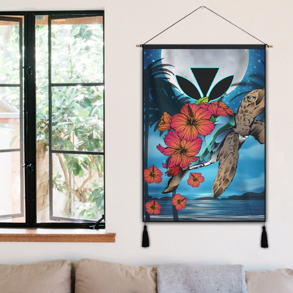 Hawaii Turtle Kanaka Hibiscus Stary Night Hanging Poster - AH - Polynesian Pride
