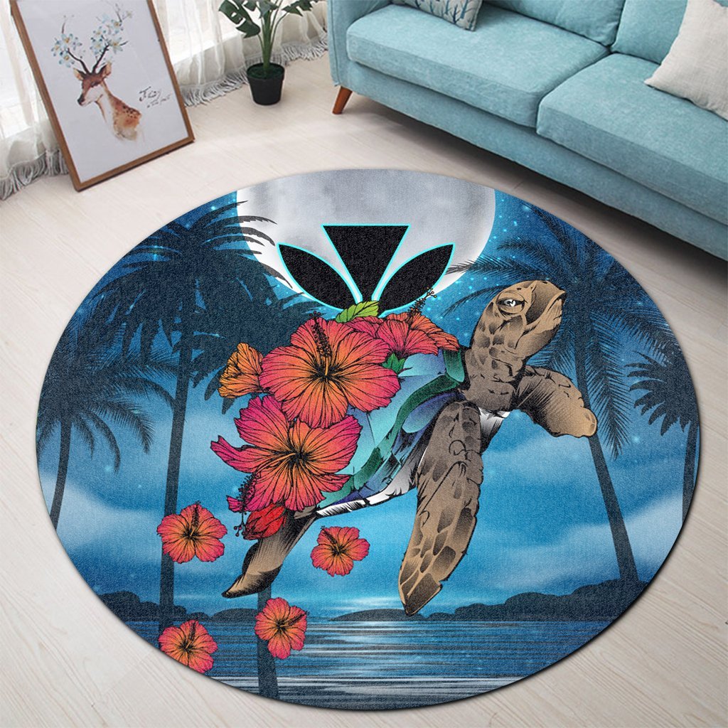 Hawaii Turtle Kanaka Hibiscus Stary Night Round Carpet - AH - Polynesian Pride