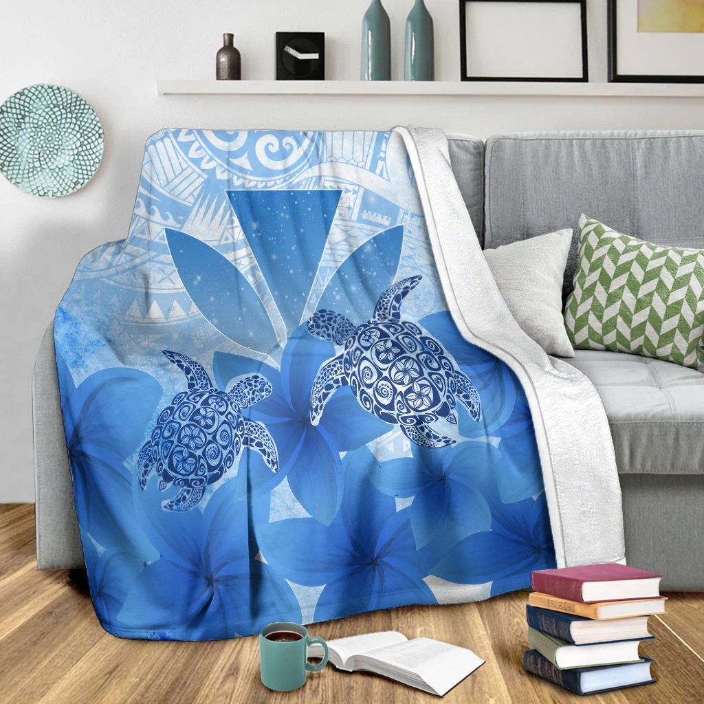 Hawaii Turtle Kanaka Plumeria Polynesian Premium Blankets Blue - AH - Polynesian Pride