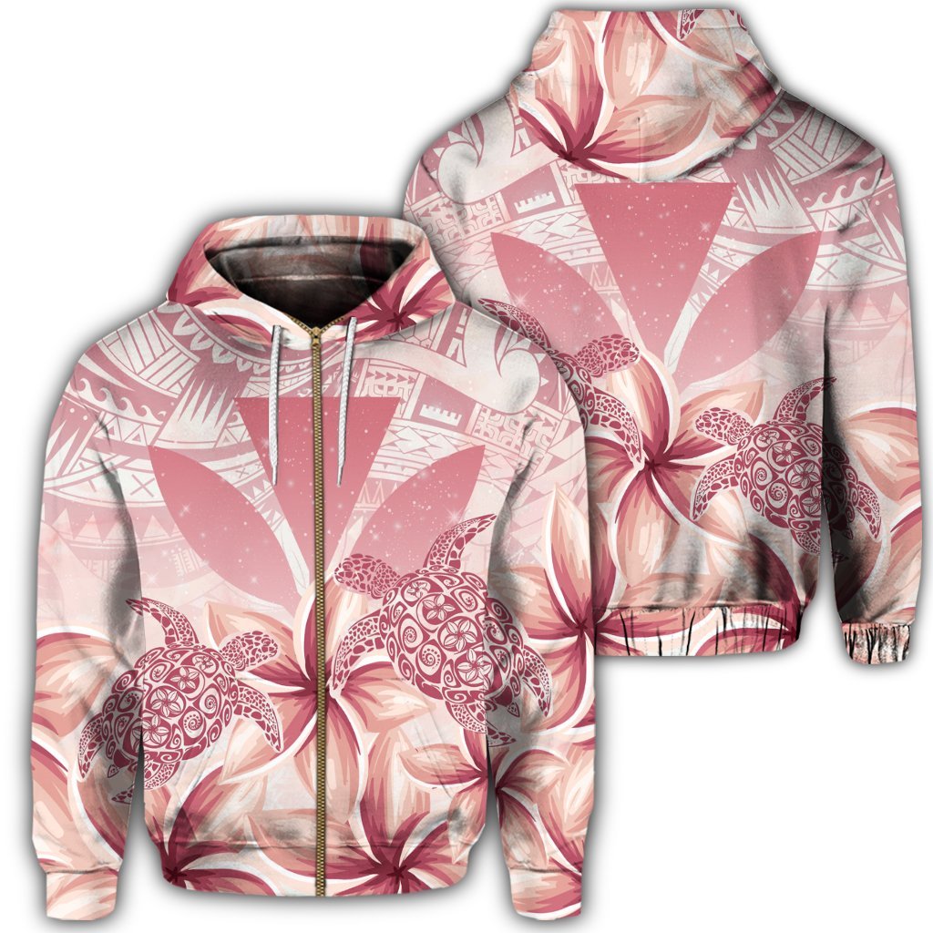 Hawaii Turtle Kanaka Plumeria Polynesian Zip Hoodie Pink Unisex Art - Polynesian Pride