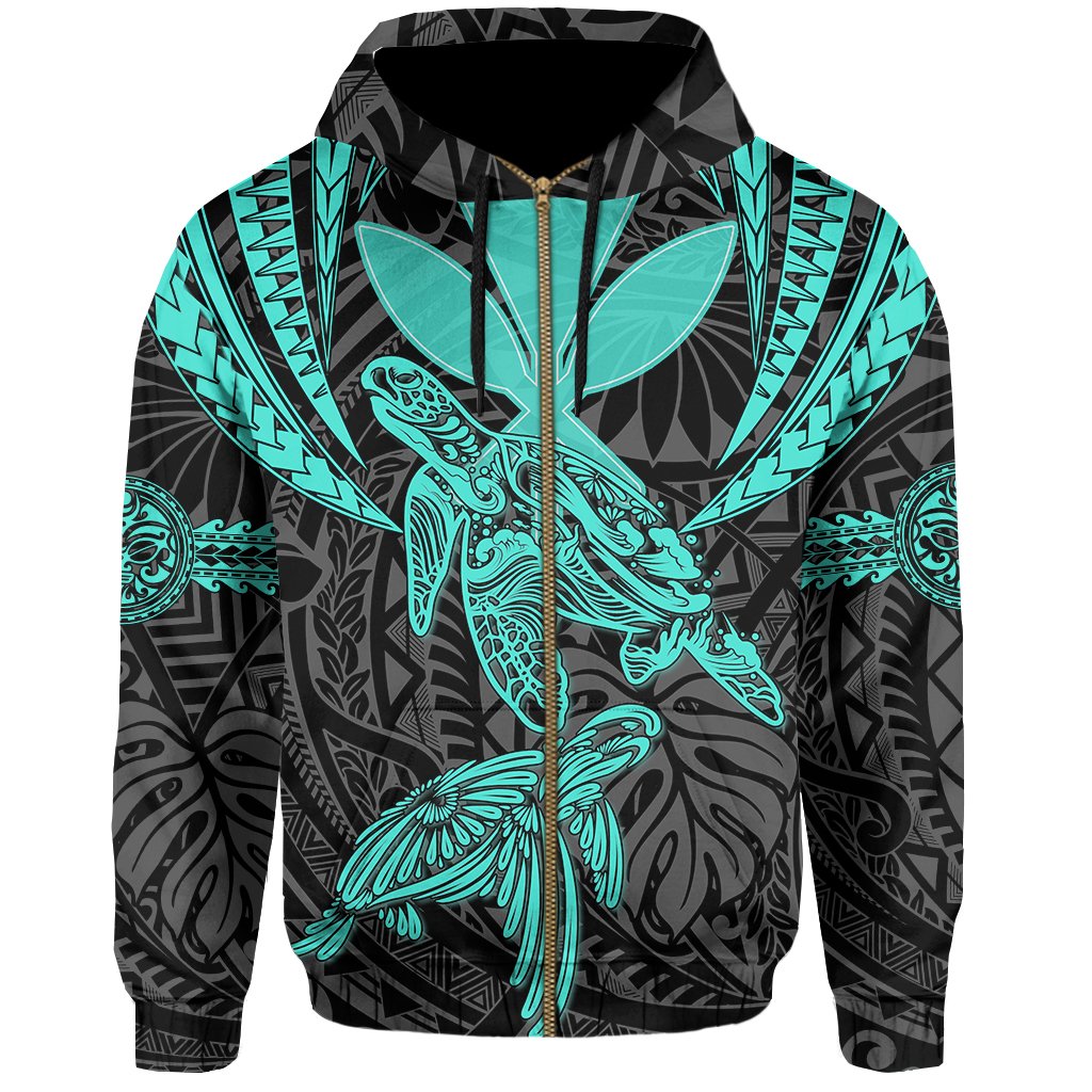 Hawaii Turtle Kanaka Tropical Polynesian Hoodie Zip Turquoise Royi Style - Polynesian Pride