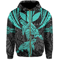 Hawaii Turtle Kanaka Tropical Polynesian Hoodie Zip Turquoise Royi Style - Polynesian Pride