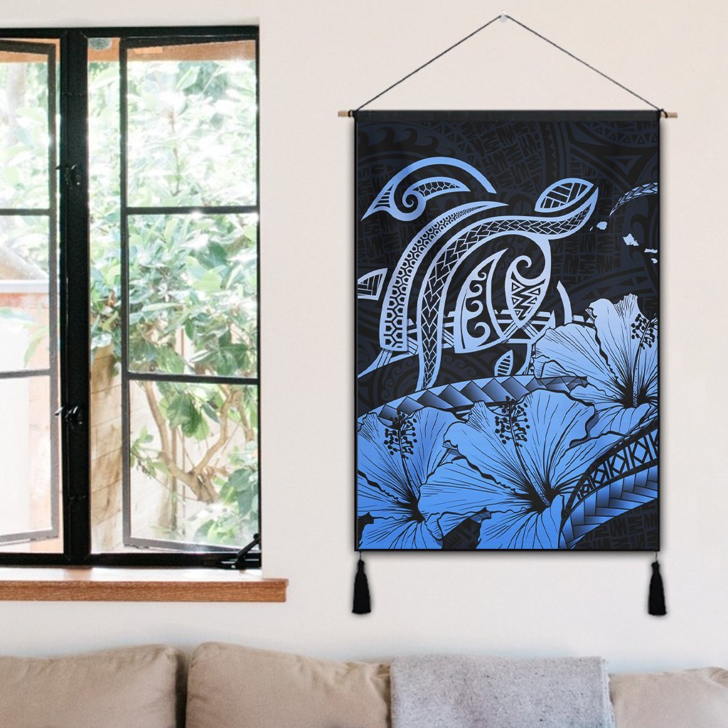 Hawaii Turtle Map Polynesian Hanging Poster Safety Blue - AH - Polynesian Pride