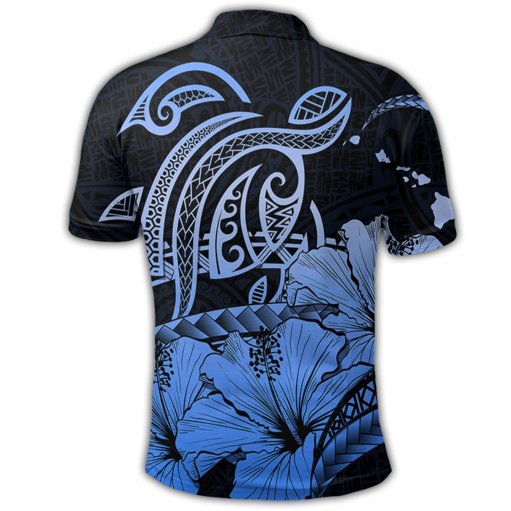 Hawaii Turtle Map Polynesian Polo Shirt Safety Blue - Polynesian Pride