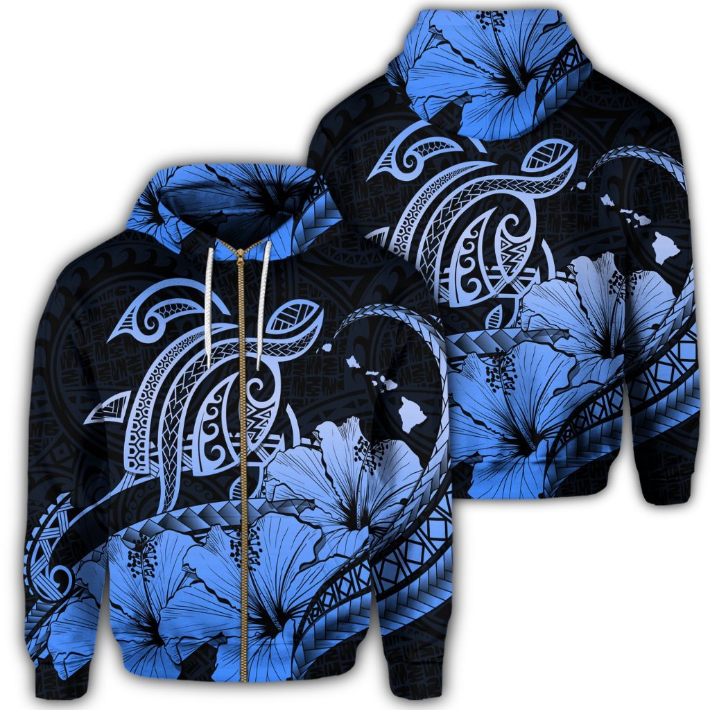 Hawaii Turtle Map Polynesian Zip Hoodie Safety Blue Unisex Art - Polynesian Pride