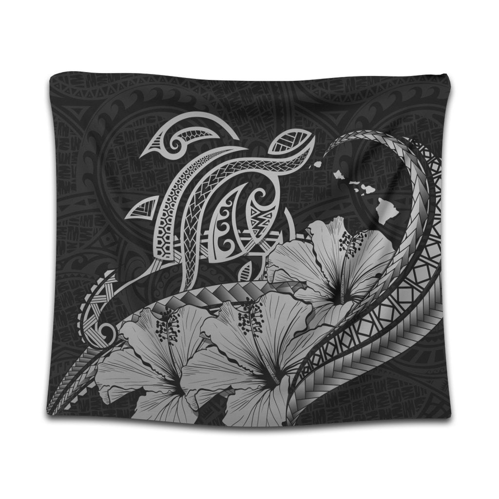 Hawaii Turtle Map Polynesian Tapestry Safety Gray - AH Wall Tapestry Black - Polynesian Pride