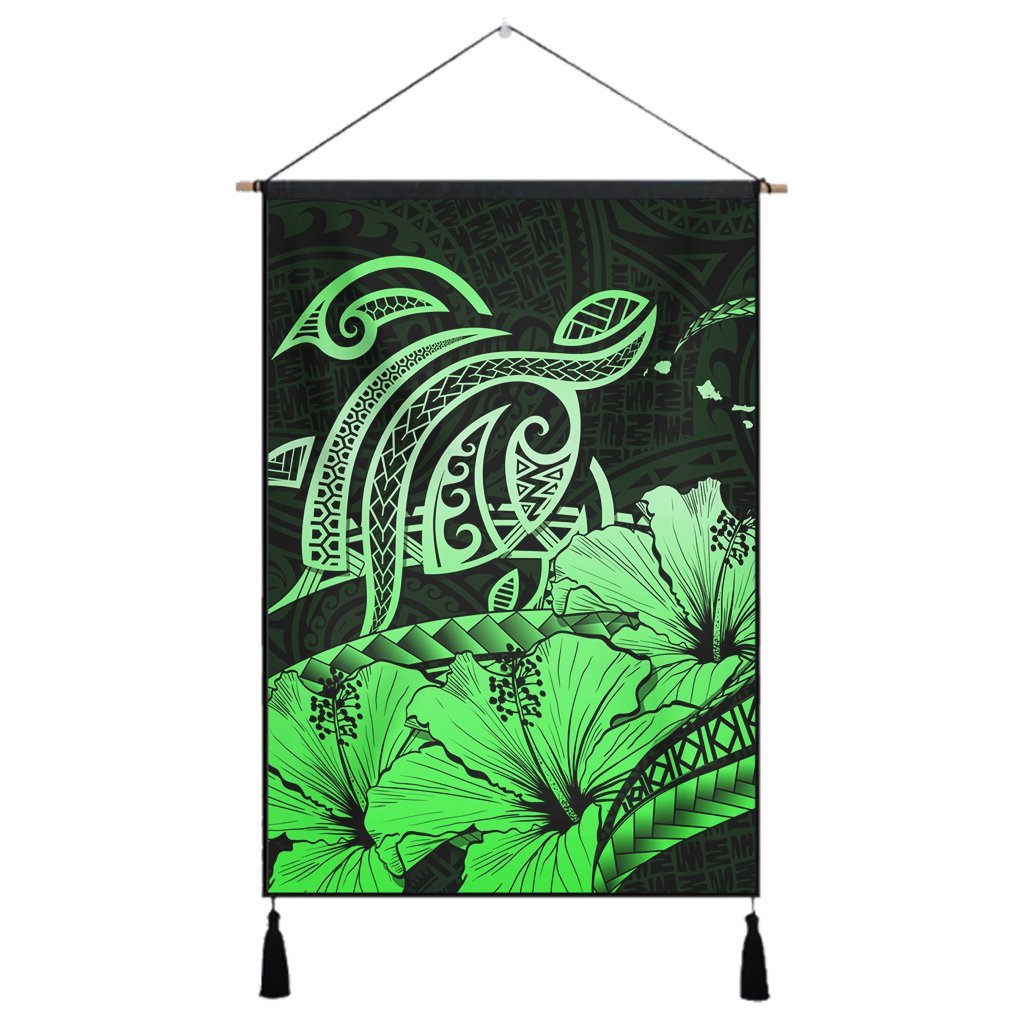 Hawaii Turtle Map Polynesian Hanging Poster Safety Green - AH Hanging Poster Cotton And Linen - Polynesian Pride
