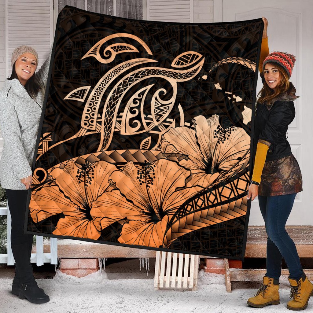 Hawaii Turtle Map Polynesian Premium Quilts Safety Orange - AH - Polynesian Pride