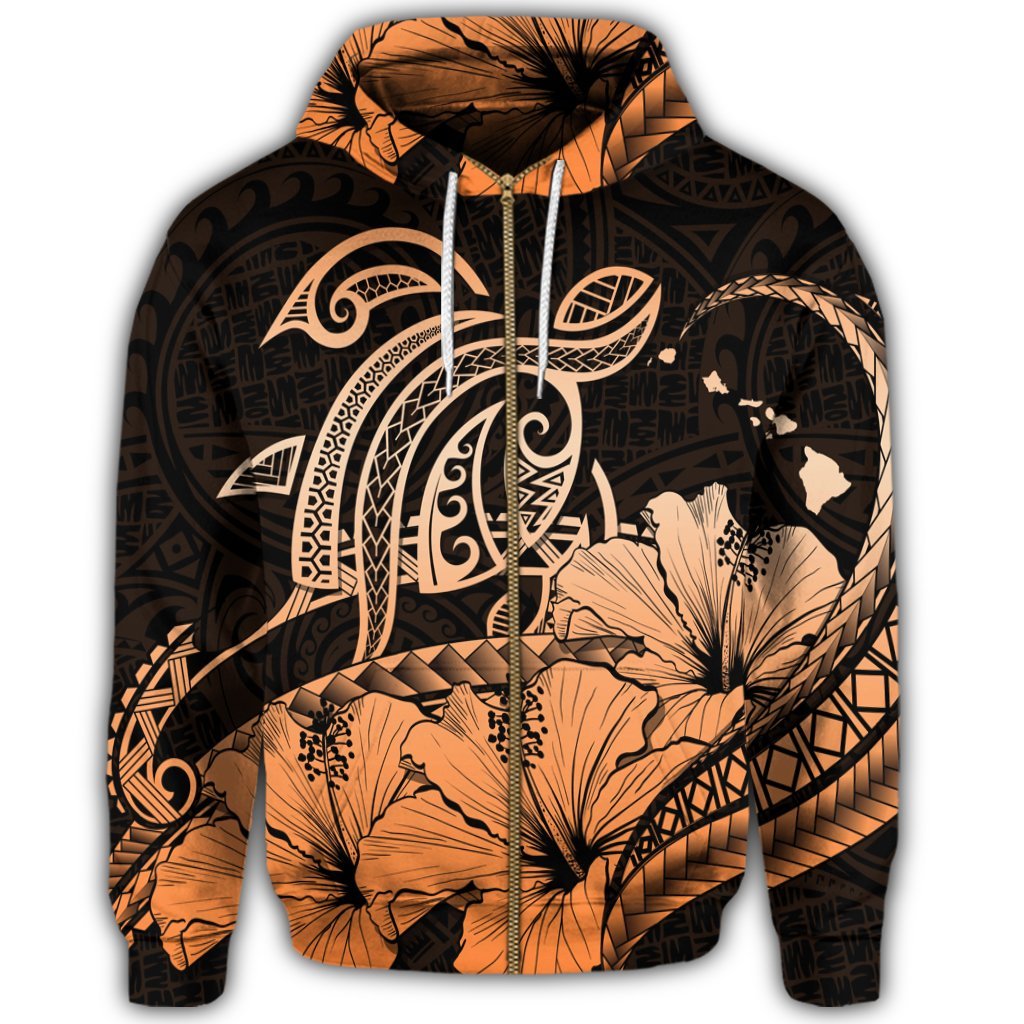 Hawaii Turtle Map Polynesian Zip Hoodie Safety Orange - Polynesian Pride
