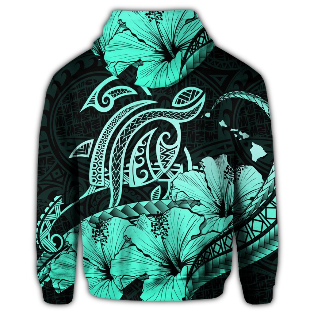Hawaii Turtle Map Polynesian Zip Hoodie Safety Turquoise - Polynesian Pride