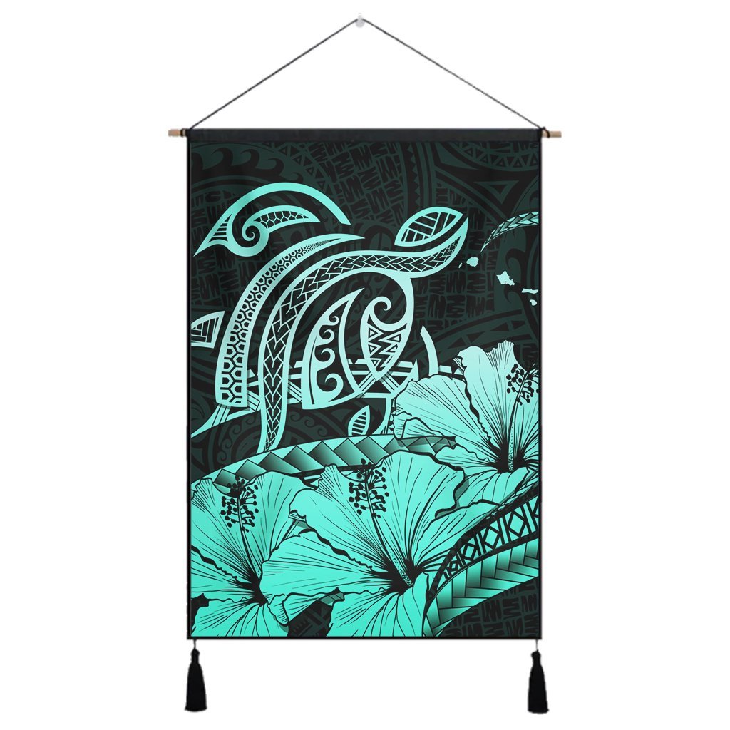 Hawaii Turtle Map Polynesian Hanging Poster Safety Turquoise - AH Hanging Poster Cotton And Linen - Polynesian Pride
