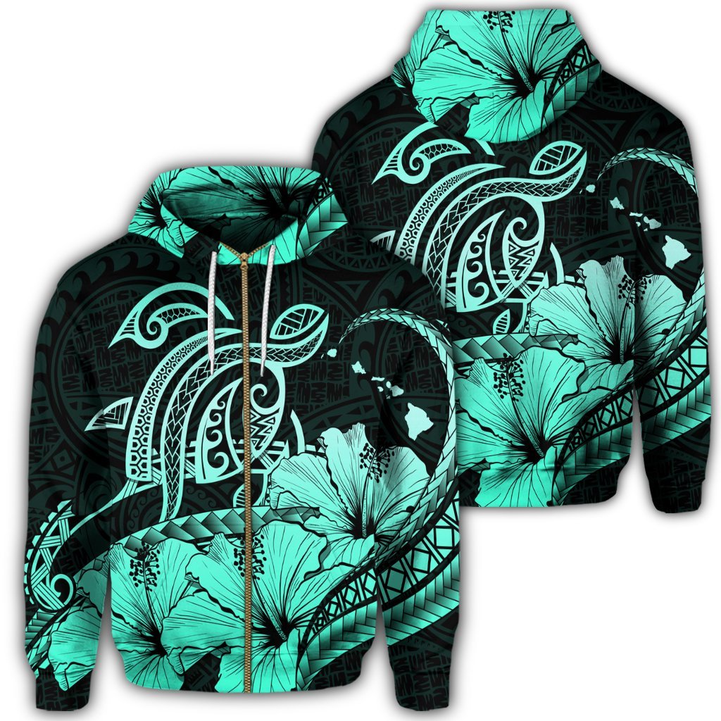 Hawaii Turtle Map Polynesian Zip Hoodie Safety Turquoise Unisex Art - Polynesian Pride