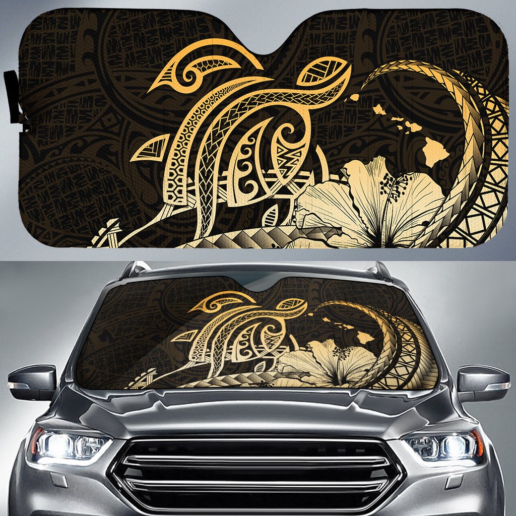 Hawaii Turtle Map Polynesian Car Sun Shade Safety Gold AH Auto Sun Shade Universal Fit White - Polynesian Pride