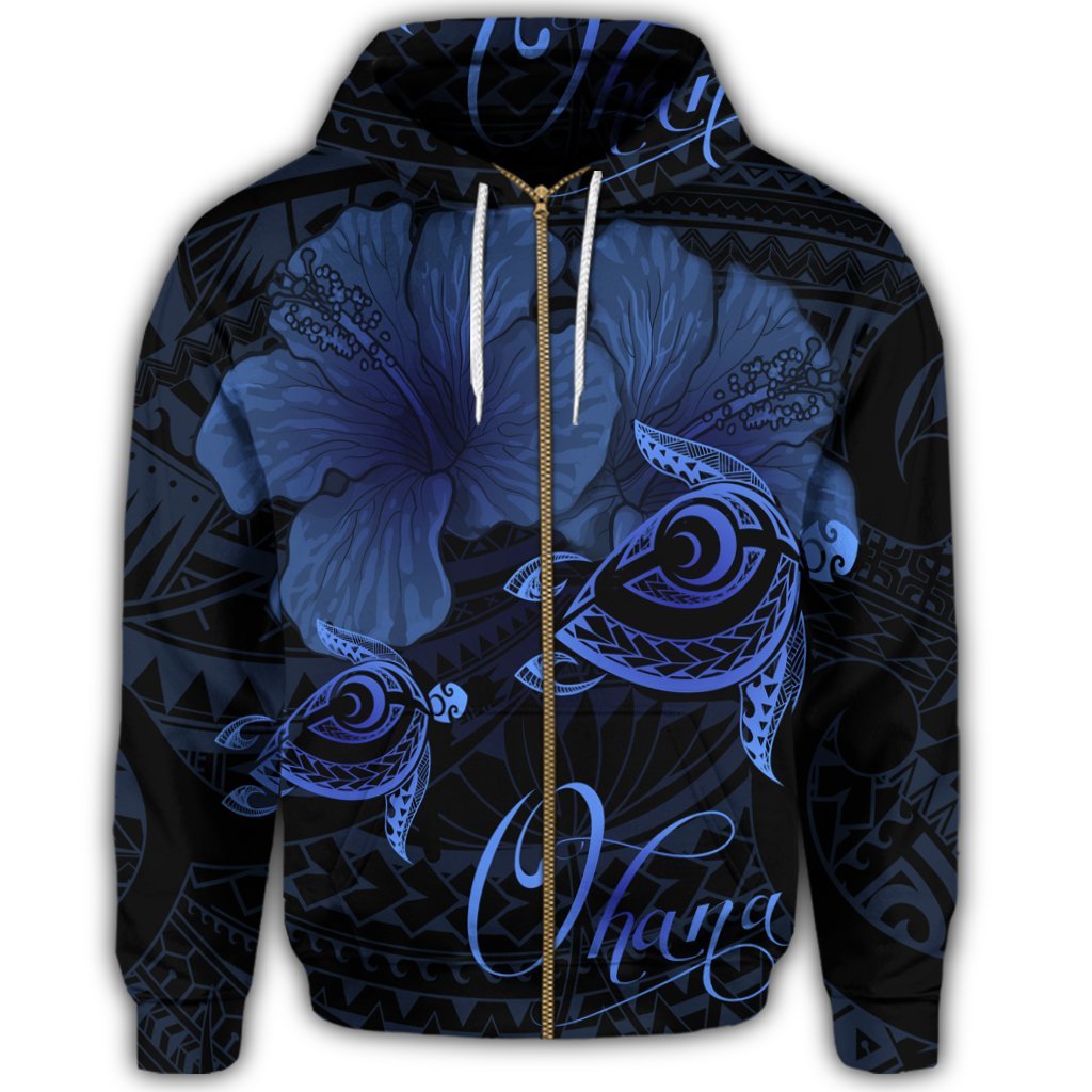 Hawaii Turtle Ohana Hibiscus Poly Zip Hoodie Blue - Polynesian Pride