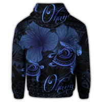 Hawaii Turtle Ohana Hibiscus Poly Zip Hoodie Blue - Polynesian Pride