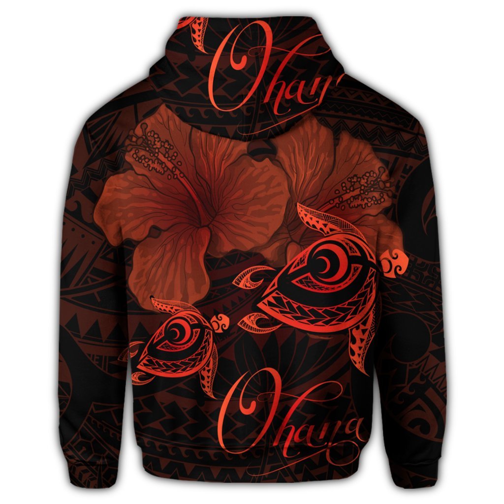 Hawaiian Turtle Ohana Hibiscus Poly Hoodie Orange - Polynesian Pride