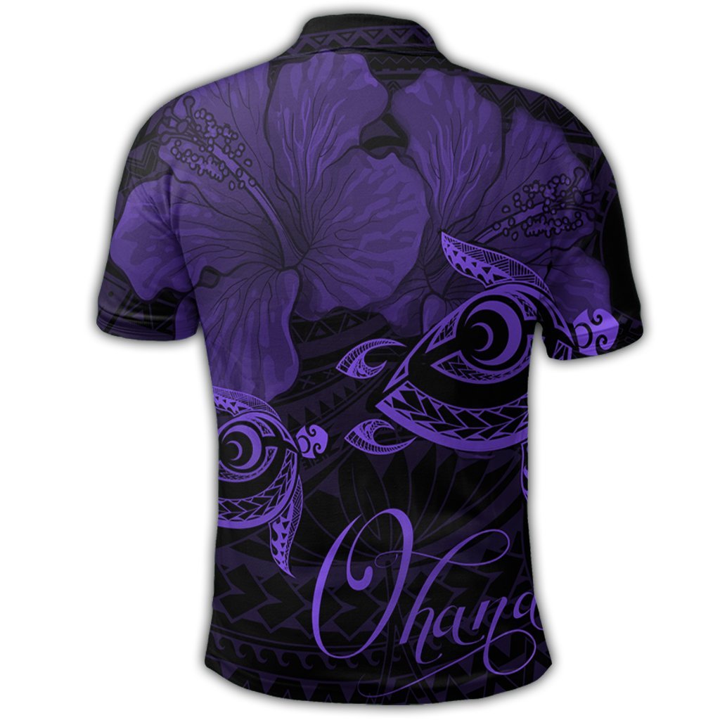 Hawaii Turtle Ohana Hibiscus Poly Polo Shirt Purple - Polynesian Pride