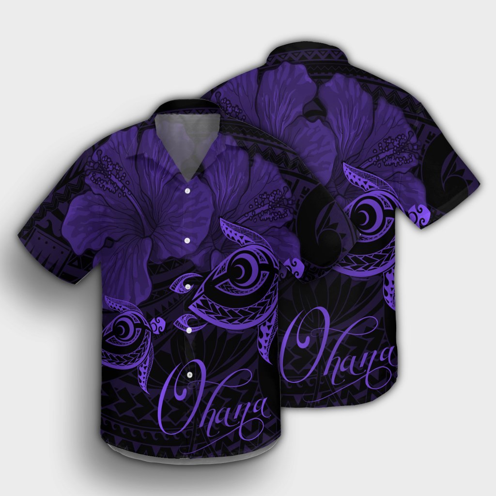 Hawaii Turtle Ohana Hibiscus Poly Hawaiian Shirt - Purple - AH - Polynesian Pride