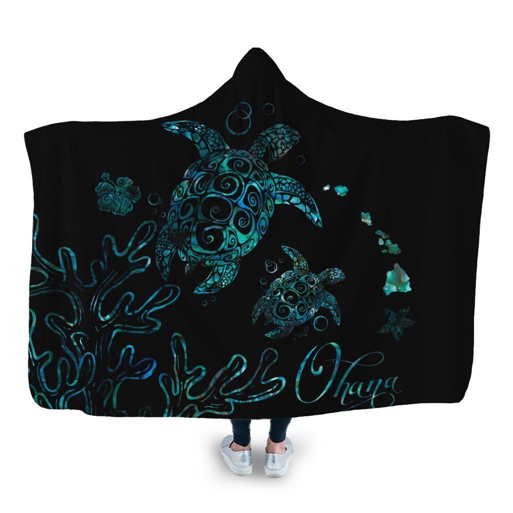 Hawaii Turtle Ohana Paua Shell Hooded Blanket - AH Hooded Blanket White - Polynesian Pride