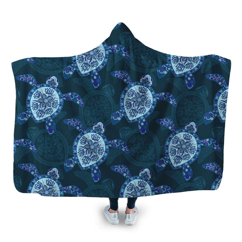 Hawaii Turtle Plumeria Blue Hooded Blanket - AH Hooded Blanket White - Polynesian Pride