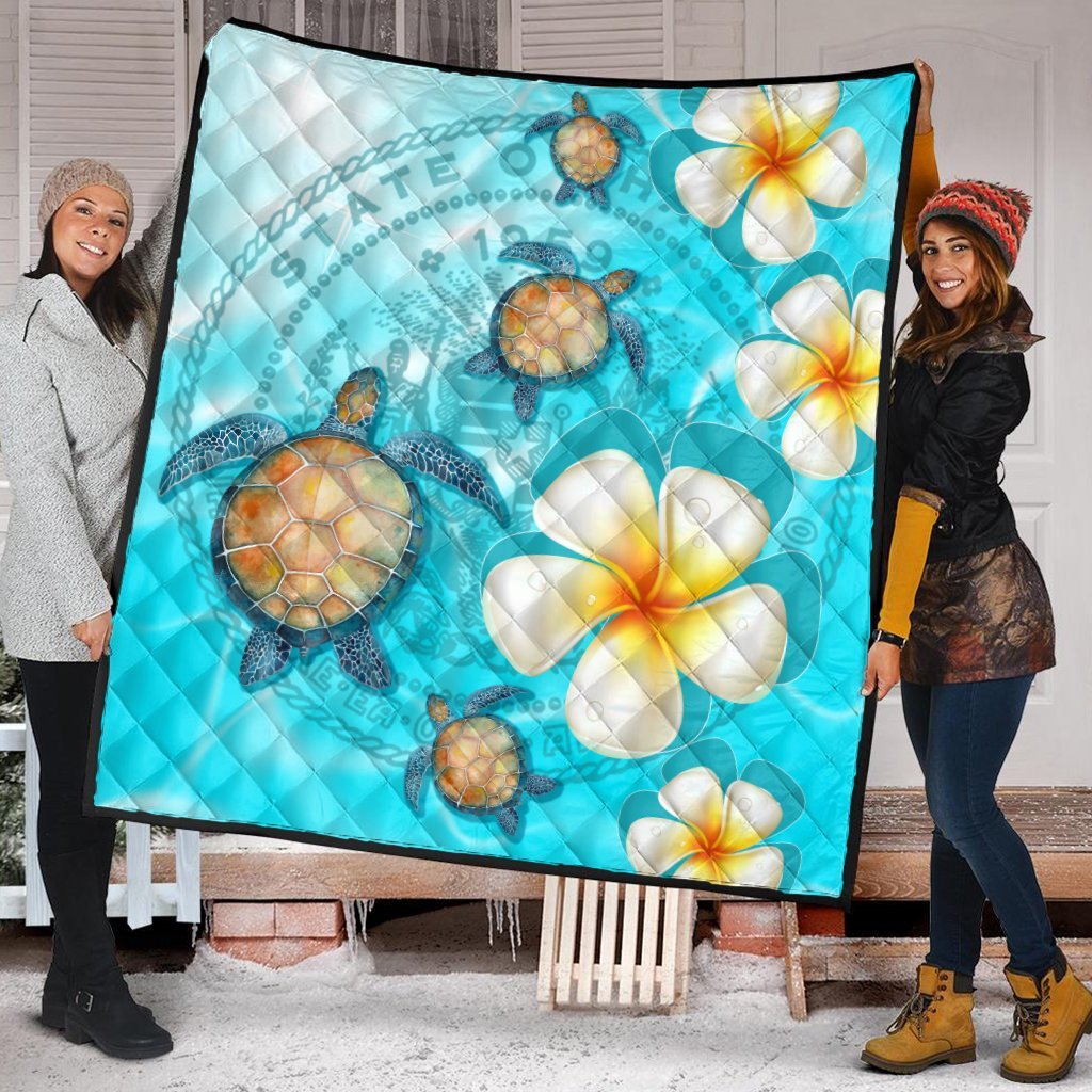 Hawaii Turtle Plumeria Coat Of Arm Ocean Premium Quilts - AH - Polynesian Pride