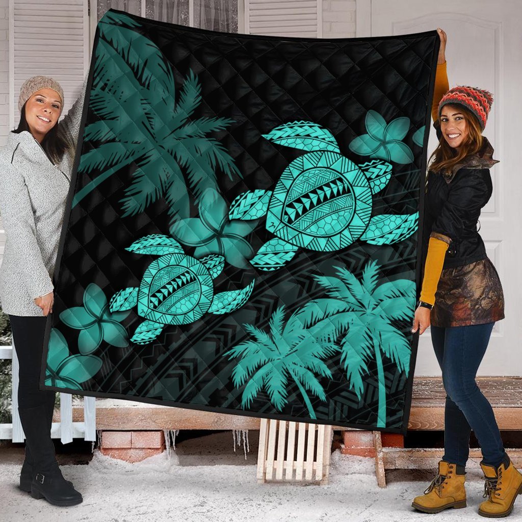 Hawaii Turtle Plumeria Coconut Tree Polynesian Premium Quilts - Turquoise - AH - Polynesian Pride