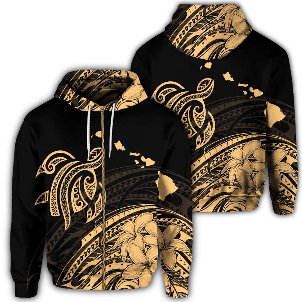 Hawaii Turtle Polynesian Map Plumeria Zip Hoodie Unisex Art - Polynesian Pride