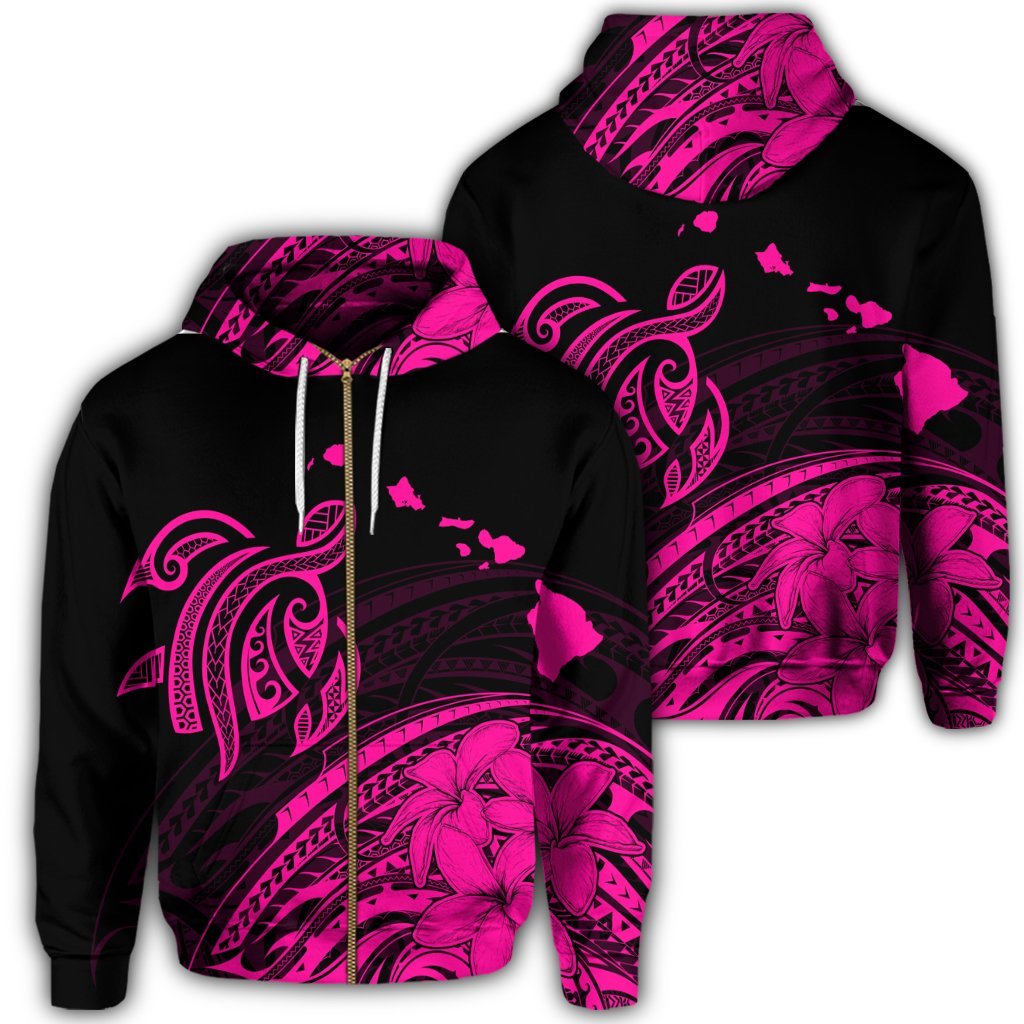 Hawaii Turtle Polynesian Map Plumeria Zip Hoodie Pink Unisex Art - Polynesian Pride