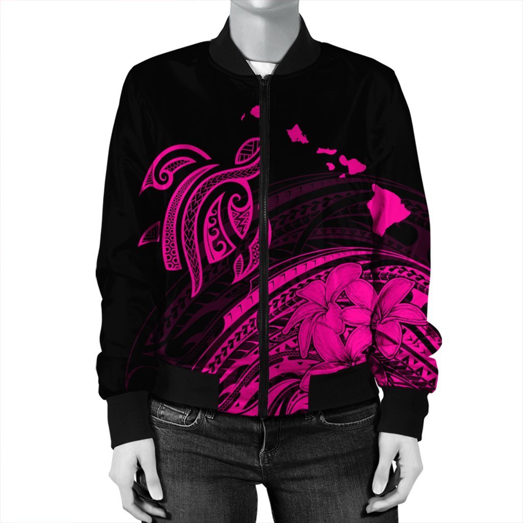 Hawaii Turtle Polynesian Map Plumeria Bomber Jacket Pink - AH - Polynesian Pride